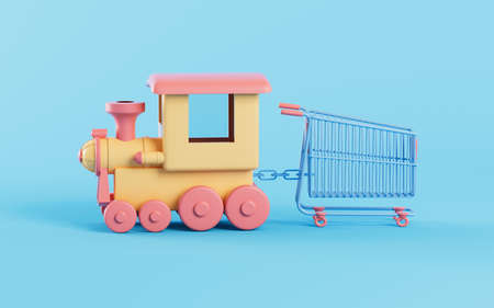 Shopping cart and train, shopping online, 3d rendering. Computer digital drawing.の写真素材