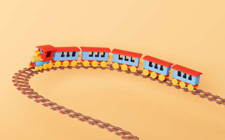 A train runs on the railroad track with yellow background, 3d rendering. Computer digital drawing.の写真素材