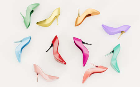 Many high-heeled shoes with white background, 3d rendering. Computer digital drawing.の写真素材