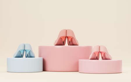 High heeled shoes on the stage with pink background, 3d rendering. Computer digital drawing.の写真素材