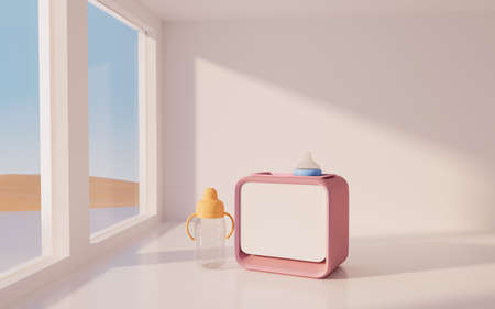 Baby feeder bottles and heater in a white room, 3d rendering. Computer digital drawing.の写真素材