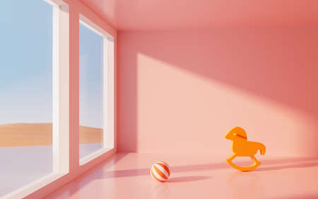A ball and wooden horse in a pink room, 3d rendering. Computer digital drawing.の写真素材