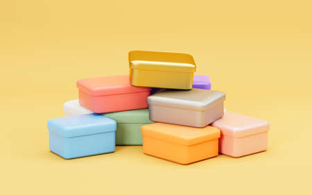 Many boxes with yellow background, 3d rendering. Computer digital drawing.の写真素材