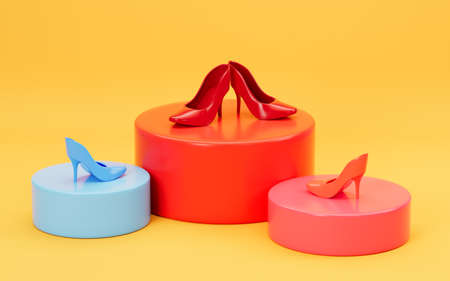 High heeled shoes on the stage with yellow background, 3d rendering. Computer digital drawing.の写真素材