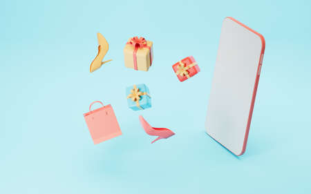 Gifts and phone, shopping online, 3d rendering. Computer digital drawing.の写真素材