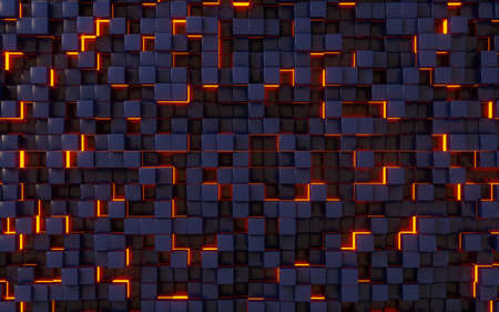 Abstract cubes and glowing neon, 3d rendering. Computer digital drawing.