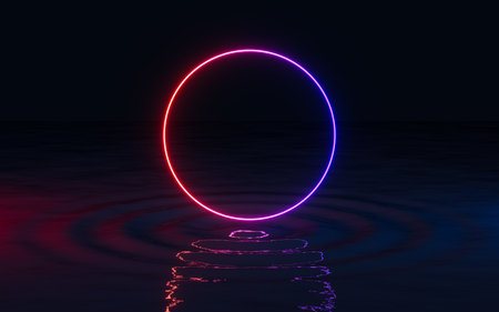 Neon line on the water, 3d rendering. Computer digital drawing.の写真素材