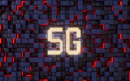 Abstract cubes background and 5G wireless communication technologies, 3d rendering. Computer digital...