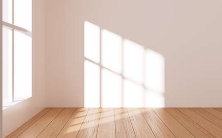 White empty room with wooden floor, 3d rendering. Computer digital drawing.の写真素材
