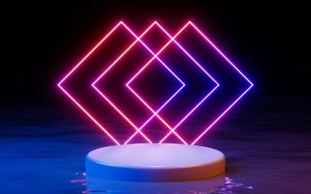 Empty stage with neon lines. 3d rendering. Compute digital drawing.