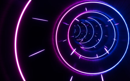 Circular neon lights and tunnels, 3d rendering. Computer digital drawing.の写真素材