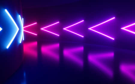 Neon arrows in the tunnel, 3d rendering. Computer digital drawing.