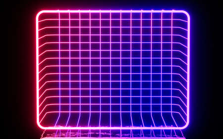 Neon grid on the water surface, 3d rendering. Computer digital drawing.