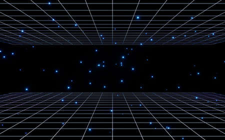 Neon grid and glowing particles, 3d rendering. Computer digital drawing.の写真素材