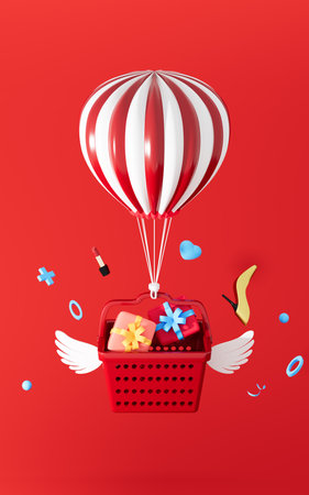 Gifts in the shopping basket, 3d rendering. Computer digital drawing.の写真素材