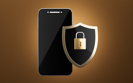 Locked shield and mobile phone, 3d rendering. Computer digital drawing.