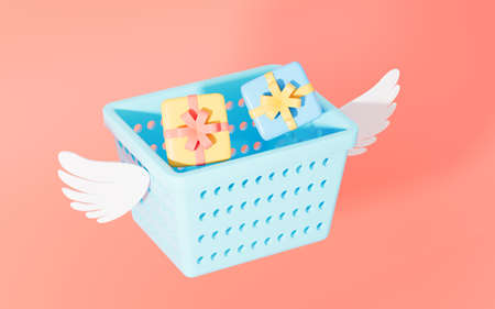 Shopping basket with gifts, 3d rendering. Computer digital drawing.