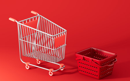 Empty shopping cart and basket, 3d rendering. Computer digital drawing.の写真素材