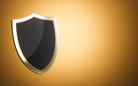Black shield with glowing background, 3d rendering. Computer digital drawing.の写真素材