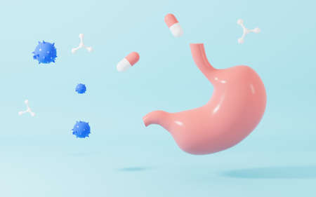 Medication for stomach illness, molecules and stomach, 3d rendering. Computer digital drawing.