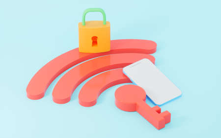 Mobile phone and padlock on the wifi icon, 3d rendering. Computer digital drawing.の写真素材
