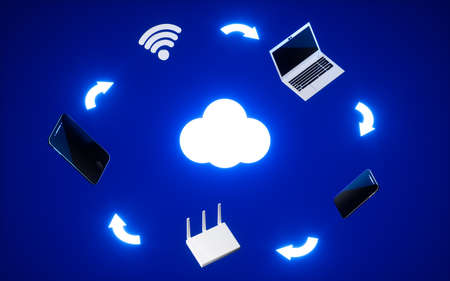 Laptop and mobile, cloud computing concept, 3d rendering. Computer digital drawing.の写真素材