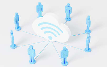 A cloud with wifi icon is among the blue figurines, network communication, 3d rendering. Computer digital drawing.の写真素材