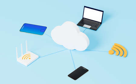 Laptop and mobile, cloud computing concept, 3d rendering. Computer digital drawing.の写真素材