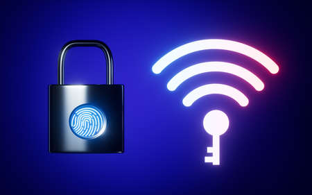 Glowing wifi icon and padlock with fingerprint icon, 3d rendering. Computer digital drawing.の写真素材