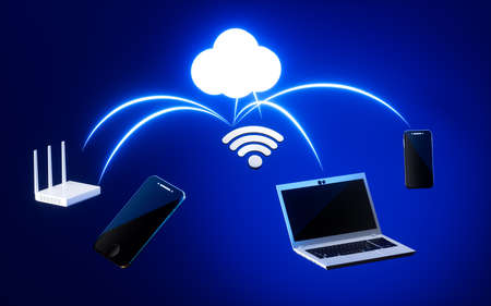 Laptop and mobile, cloud computing concept, 3d rendering. Computer digital drawing.の写真素材