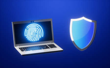 A laptop with fingerprint and a shield with blue background, 3d rendering. Computer digital drawing.の写真素材