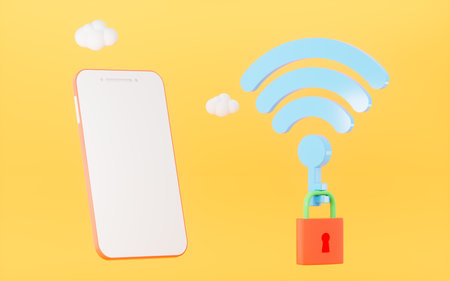 Mobile phone and the padlock is attached to the WiFi icon in the yellow background, 3d rendering. Computer digital drawing.の写真素材