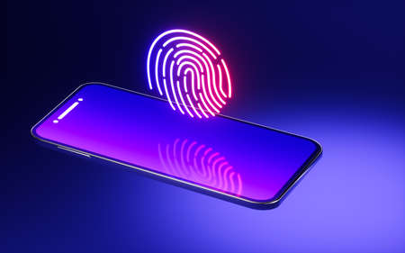 Mobile phone with fingerprint on the blue background, 3d rendering. Computer digital drawing.の写真素材