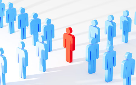 Red human figurine lead employees to walk forward, leader and leadership, teamwork cooperation, 3d rendering. Computer digital drawing.の写真素材