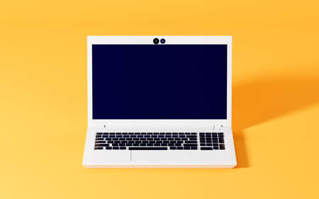 A laptop with yellow background, 3d rendering. Computer digital drawing.の写真素材