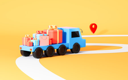 Gifts and logistics vehicle on the yellow background, 3d rendering. Computer digital drawing.の写真素材