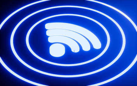 Glowing wifi icon with blue background, 3d rendering. Computer digital drawing.の写真素材