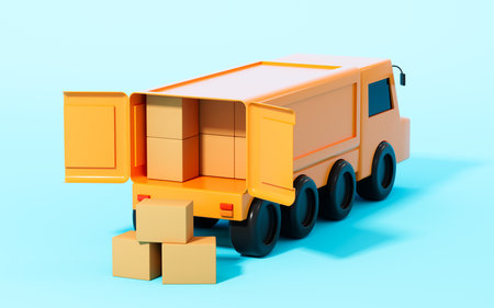 Logistics vehicle with full of boxes on the cyan background, 3d rendering. Computer digital drawing.の写真素材