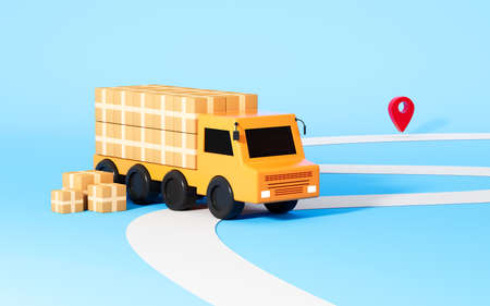 A delivery car and boxes in the cyan background, 3d rendering. Computer digital drawing.の写真素材