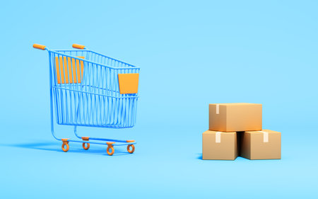 Shopping cart and boxes on the blue background, 3d rendering. Computer digital drawing.の写真素材