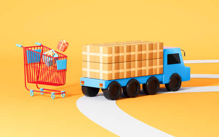 Shopping cart and logistics vehicle, logistics and transportation concept, 3d rendering. Computer digital drawing.の写真素材