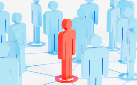 Red human figurines lead and connect employees, leader and employees, human resources and management concept, 3d rendering. Computer digital drawing.の写真素材