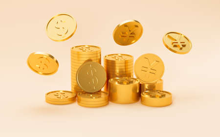 Gold coins on the yellow background, 3d rendering. Computer digital drawing.