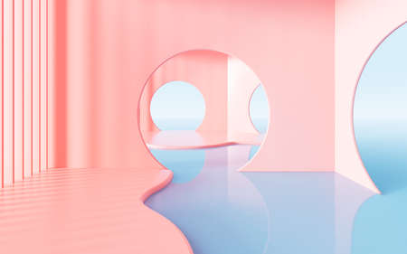 Pink curved architecture with water surface background, 3d rendering. Computer digital drawing.の写真素材