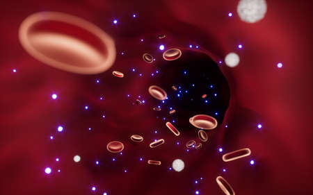 Drugs and cells in blood vessels, 3d rendering. Computer digital drawing.の写真素材