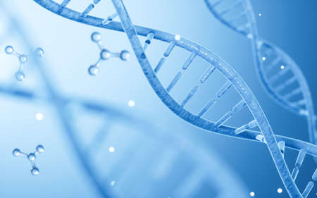Science Biotechnology DNA chromosomes and molecules, 3d rendering. Computer digital drawing.