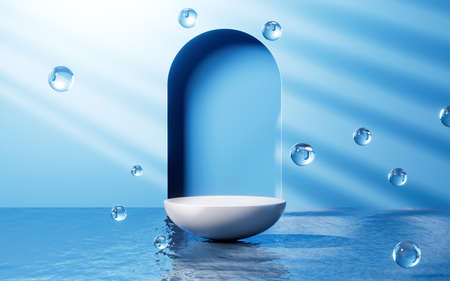 Empty stage with bubbles with arch background, 3d rendering. Computer digital drawing.の写真素材