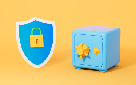 Safe box and shield on the yellow background, 3d rendering. Computer digital drawing.の写真素材
