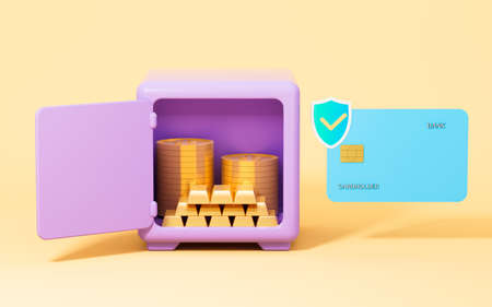 Safe box and bank card on the yellow background, 3d rendering. Computer digital drawing.の写真素材
