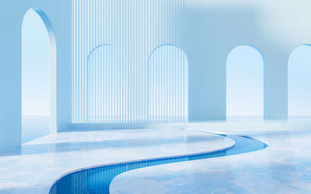 Blue arch and curved construction, 3d rendering. Computer digital drawing.の写真素材